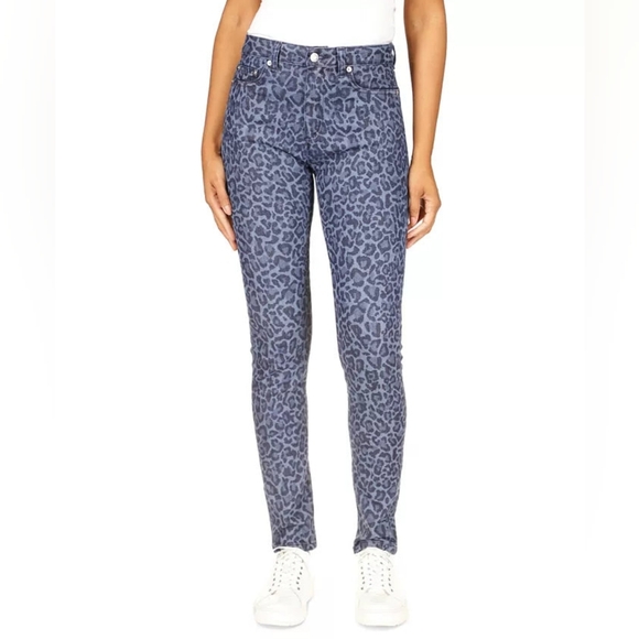 Michael Kors Selma High Rise Straight Skinny Jeans Sz 8 P Dusk Blue Wash Leopard - Picture 1 of 5